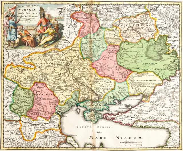 Ukrania quae et Terra Cosaccorum cum vicinis Walachiae, Moldoviae, Johann Baptiste Homann (Nuremberg, 1720) Ukrania quae et Terra Cosaccorum cum vicinis Walachiae, Moldoviae, Johann Baptiste Homann (Nuremberg, 1720)