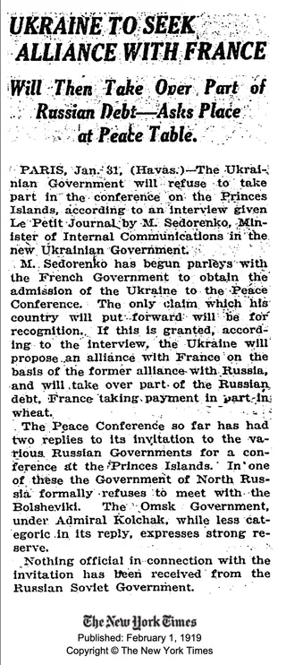 UKRAINE TO SEEK ALLIANCE WITH FRANCE. WILL THEN TAKE OVER PART OF RUSSIAN DEBT—ASKS PLACE AT PEACE TABLE