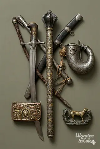Cossack weapons: Pernach, saber, powder magazine, two flintlocks, whip.