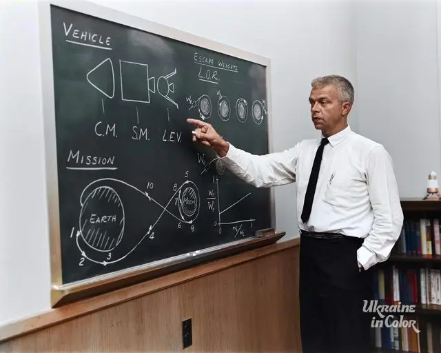 John C. Houbolt at blackboard, showing his space rendezvous concept for lunar landings.