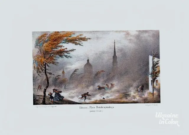 Views of Odessa. [Album]. Preobrazhenskaya Square during a storm. Mid-1850s.