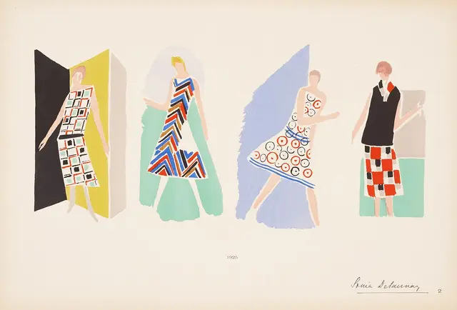 Sonia Delaunay, her paintings, her objects, her contemporary napkins, her fashion, 20 stencil plates, Paris, 1925. Sold for $13,750, a record for this work.