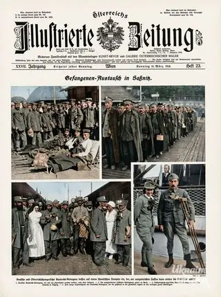 Front page of an Austrian periodical featuring Olena Stepaniv after her return from captivity