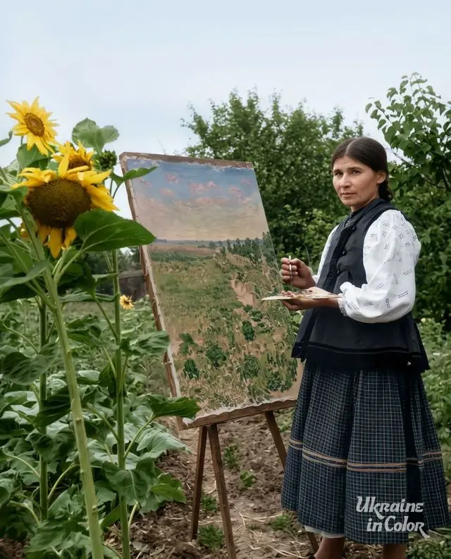 Kateryna Bilokur at her easel in the garden