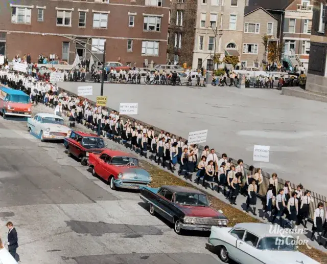 People of Ukrainian descent march at Western and Rice avenues on Oct. 13, 1963, in remembrance of the 30th anniversary of the Holodomor, a famine in Soviet Ukraine that killed millions of Ukrainians.