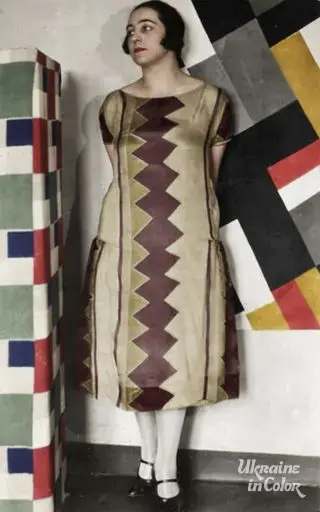 Sonia Delaunay in a patterned dress