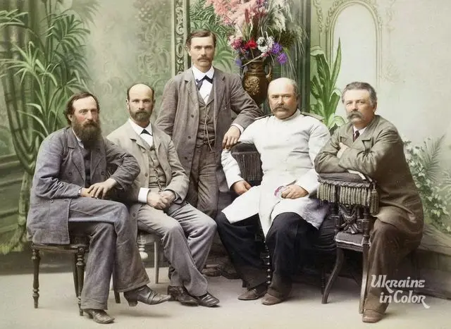 Українські хлопомани близько 1873 року. Зліва направо: Тадей Рильський, Вільям Беренштам, Володимир Антонович, Ф. Т. Панченко, Борис Познанський
