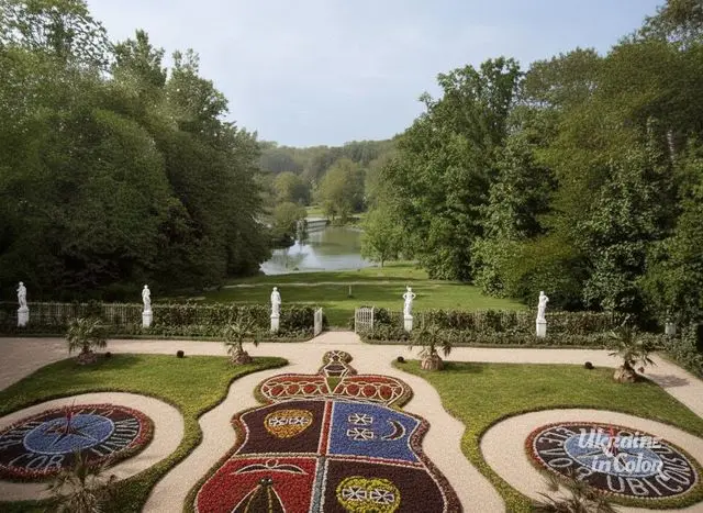 The coat of arms of the Kochubey family, displayed in a flower bed (carpet decoration) in the courtyard of their former palace in Dykanka