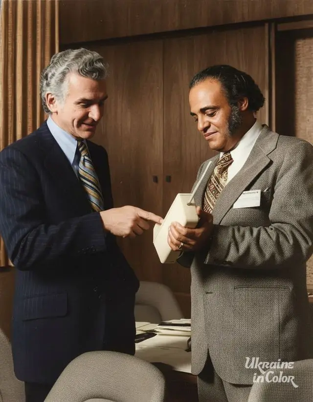 Martin Cooper shows FCC Commissioner Benjamin Hooks the first DynaTAC cell phone