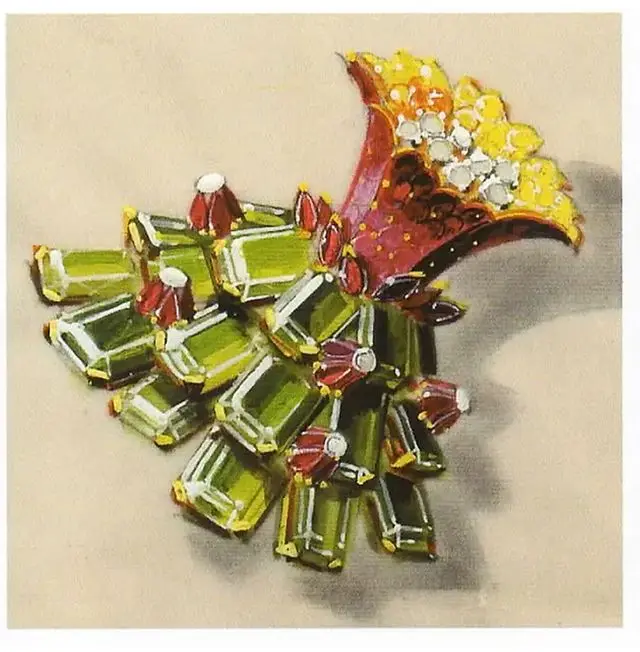 Design for a brooch with baguettes and a horn of fire