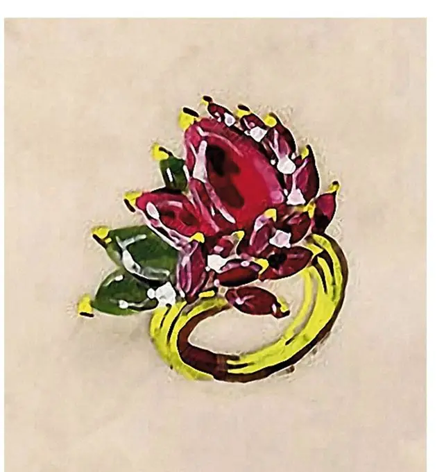 Design for a brooch with a ruby tulip