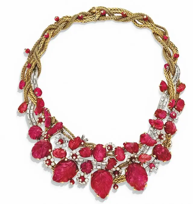 Bib necklace with carved rubies