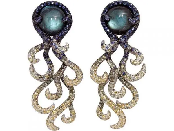 Octopus earrings with dark pearls