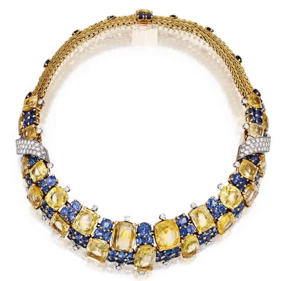 Collar necklace of blue and yellow sapphires