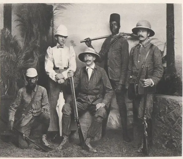 Count Potocki with hunters, Ceylon, 1896