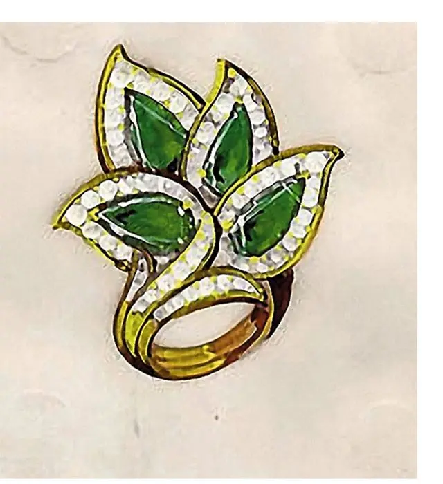 Design for a leaf brooch with emeralds