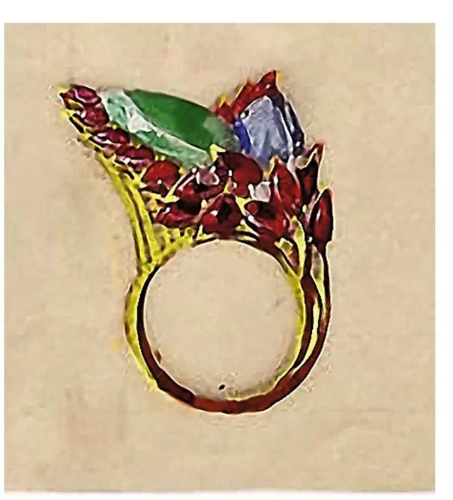 Design for a ring with rubies and an emerald
