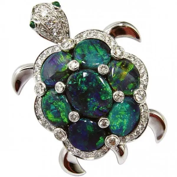 Turtle brooch with black opals