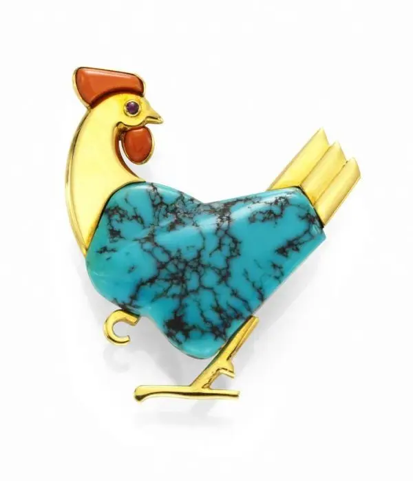 Turquoise cockerel brooch